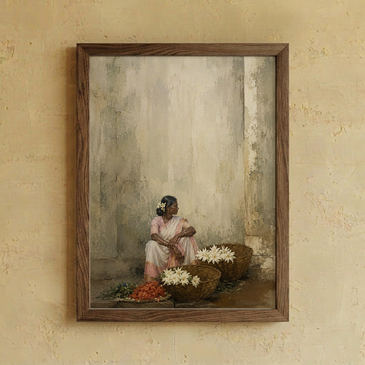 Pushpa Vani Wall Art portrays a flower seller beside baskets of fresh blooms in a quiet, evocative composition. A timeless piece inspired by everyday Indian life, tradition, and simple beauty.
