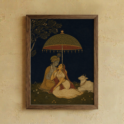 Close-up detail of the Radha Krishna wall art from Purnam