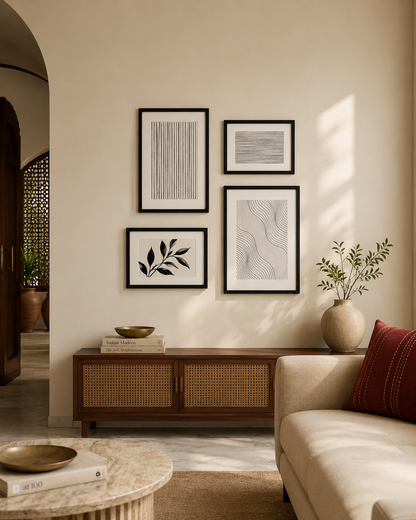 Lifestyle shot of the gallery wall art set, Purnam's Rekha Harmony collection