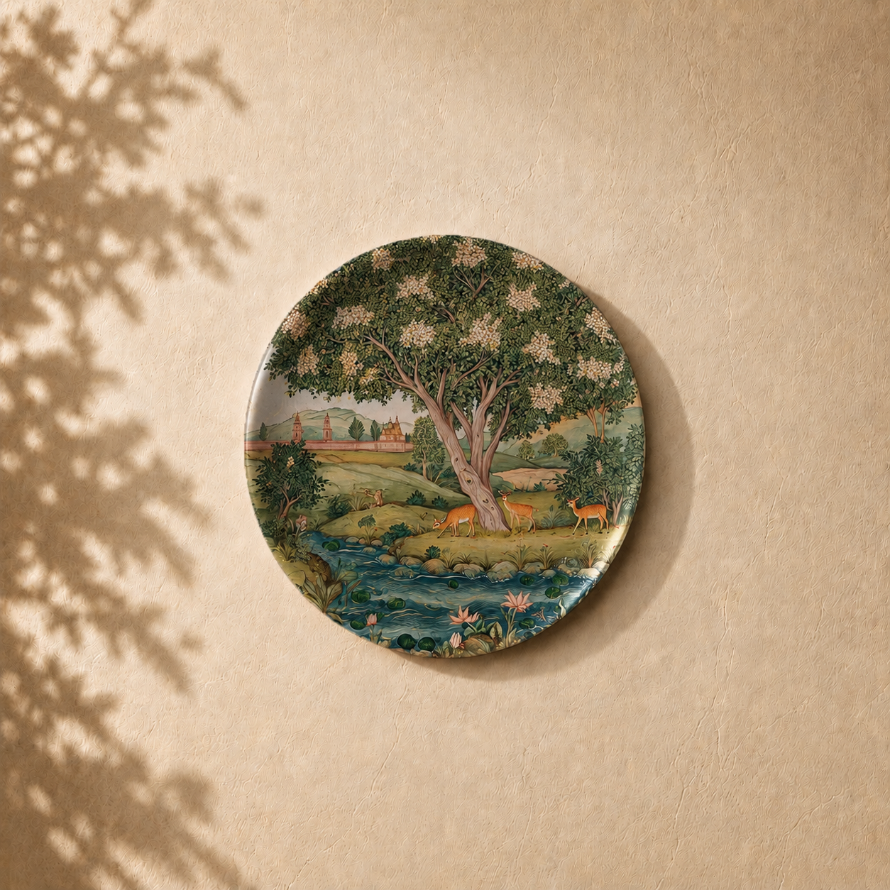 Heritage Devotion wall plate from Purnam's Sacred Sanctuaries collection, angled view