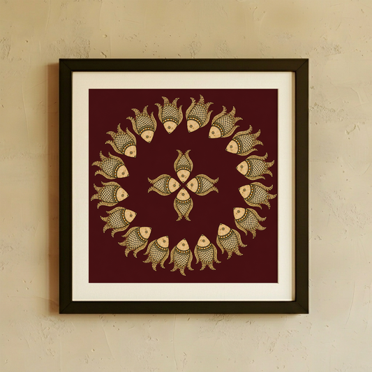 Framed wall art featuring a circular arrangement of stylized fish motifs in beige and gold on a deep burgundy background, mounted with a white mat and dark frame on a textured beige wall.