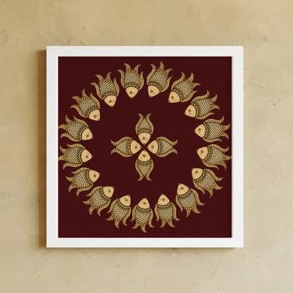 Framed wall art featuring a circular arrangement of stylized fish motifs in beige and brown on a deep maroon background, displayed against a textured beige wall.