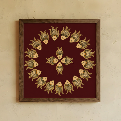 A square framed wall art print featuring a circular arrangement of stylized fish motifs in beige and gold on a deep burgundy background, mounted on a textured beige wall.