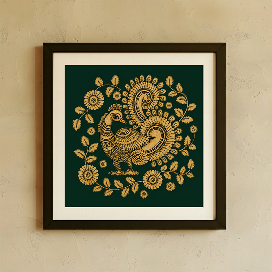 Framed wall art featuring a stylized peacock in gold embroidery-like detailing on a dark green square background, mounted with a white mat and dark wood frame on a textured beige wall.