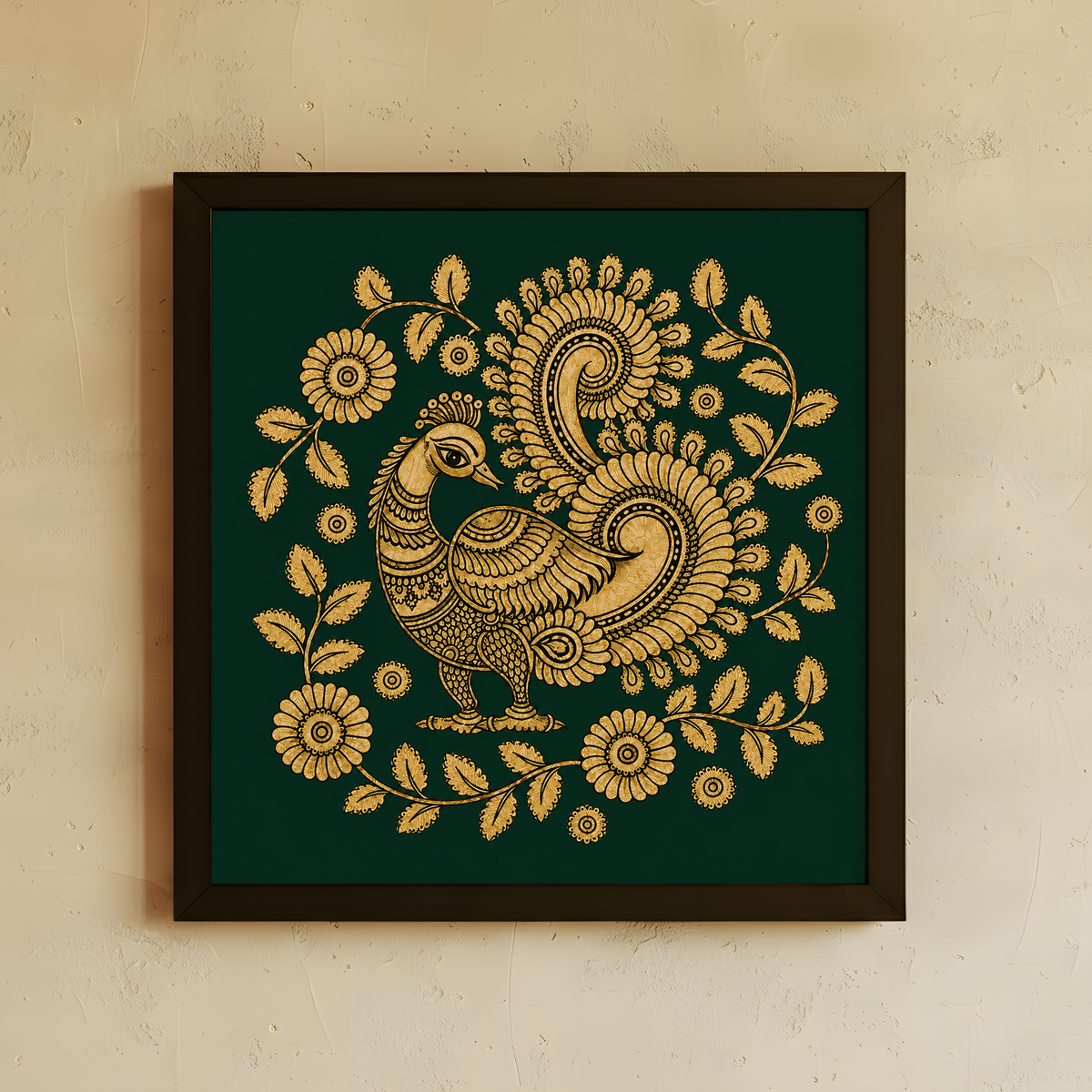 Framed wall art featuring a stylized peacock and floral motif in gold on a dark green background, mounted on a textured beige wall.