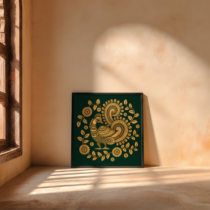 A square framed art print featuring a detailed gold paisley and floral design on a dark green background, leaning against a warm beige plaster wall in a sunlit room.
