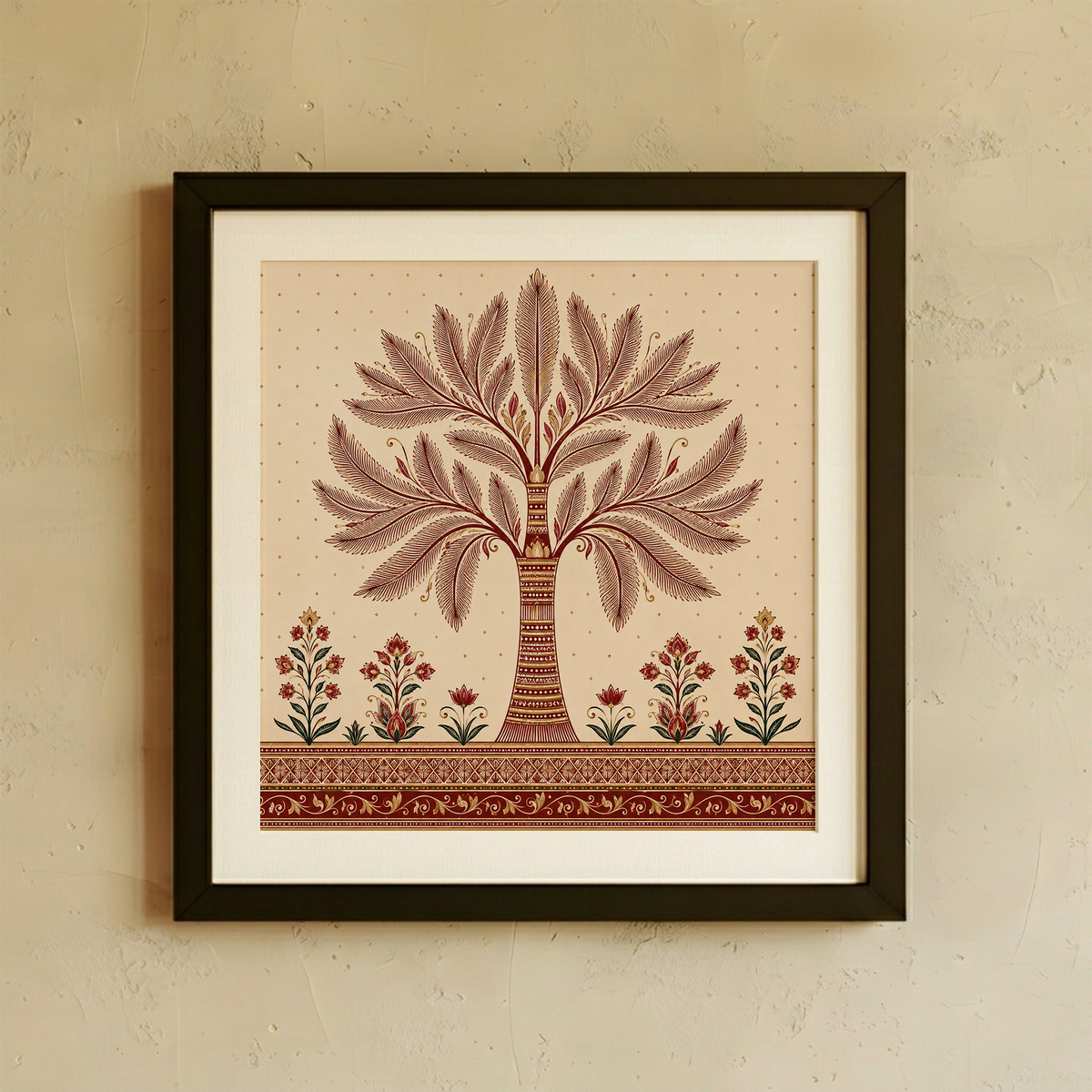 Framed wall art featuring a stylized tree with layered leafy branches in muted reddish-brown tones on a warm beige background, with small floral motifs along the bottom. The artwork is shown in a dark frame with a white mat against a textured beige wall.
