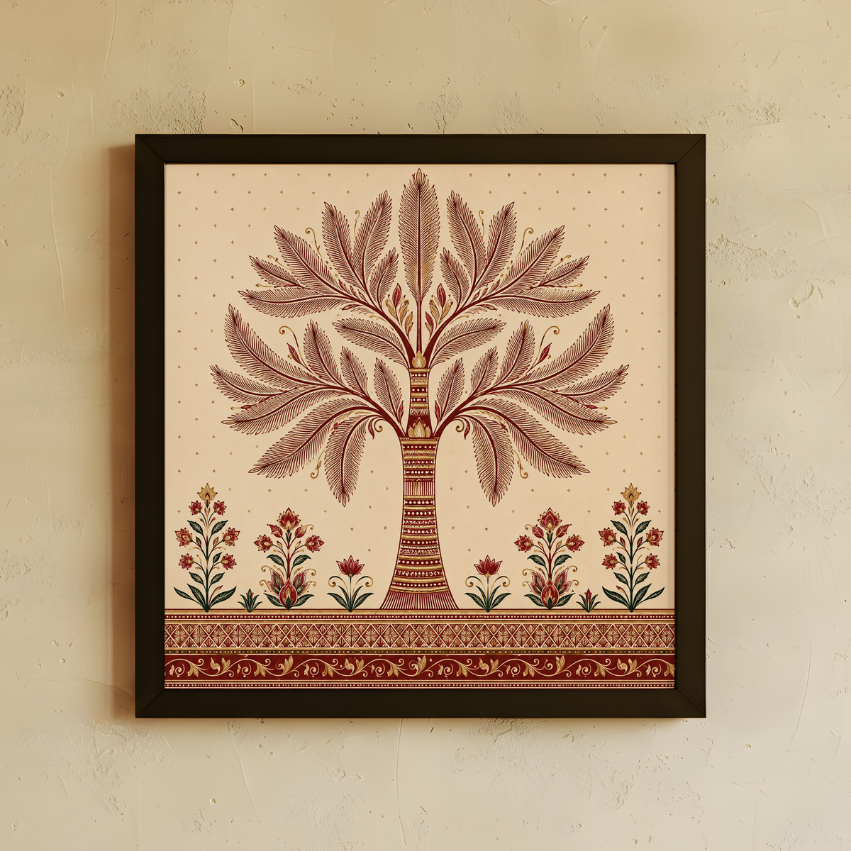 Framed wall art featuring a stylized tree of life design in muted terracotta and brown tones on a warm cream background, hung on a textured beige wall.