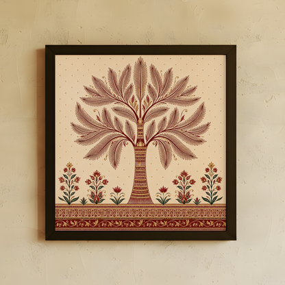 Framed wall art featuring a stylized tree of life design in muted terracotta and brown tones on a warm cream background, hung on a textured beige wall.