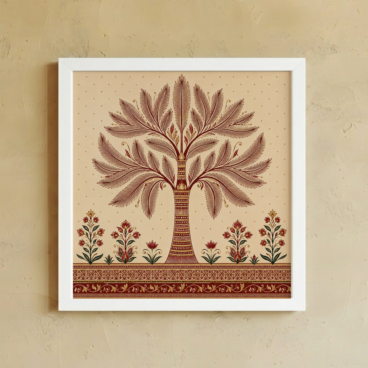 A framed art print featuring a stylized brown palm tree and small floral motifs on a warm beige background, hung on a textured beige wall.
