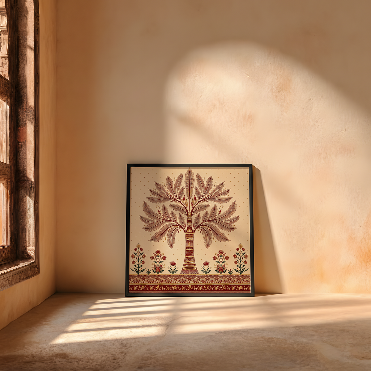 A framed art print featuring a stylized tree of life in earthy brown and terracotta tones on a cream background, leaning against a warm plaster wall in a sunlit room.