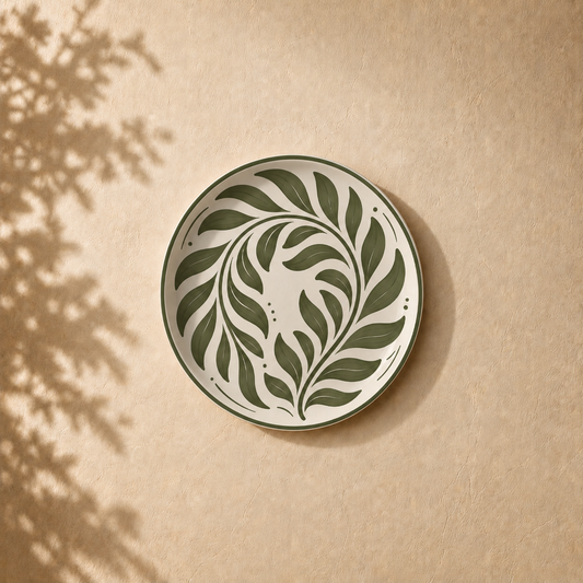 Verdant Rhythm wall plate from Purnam's Swaying Foliage collection, angled view
