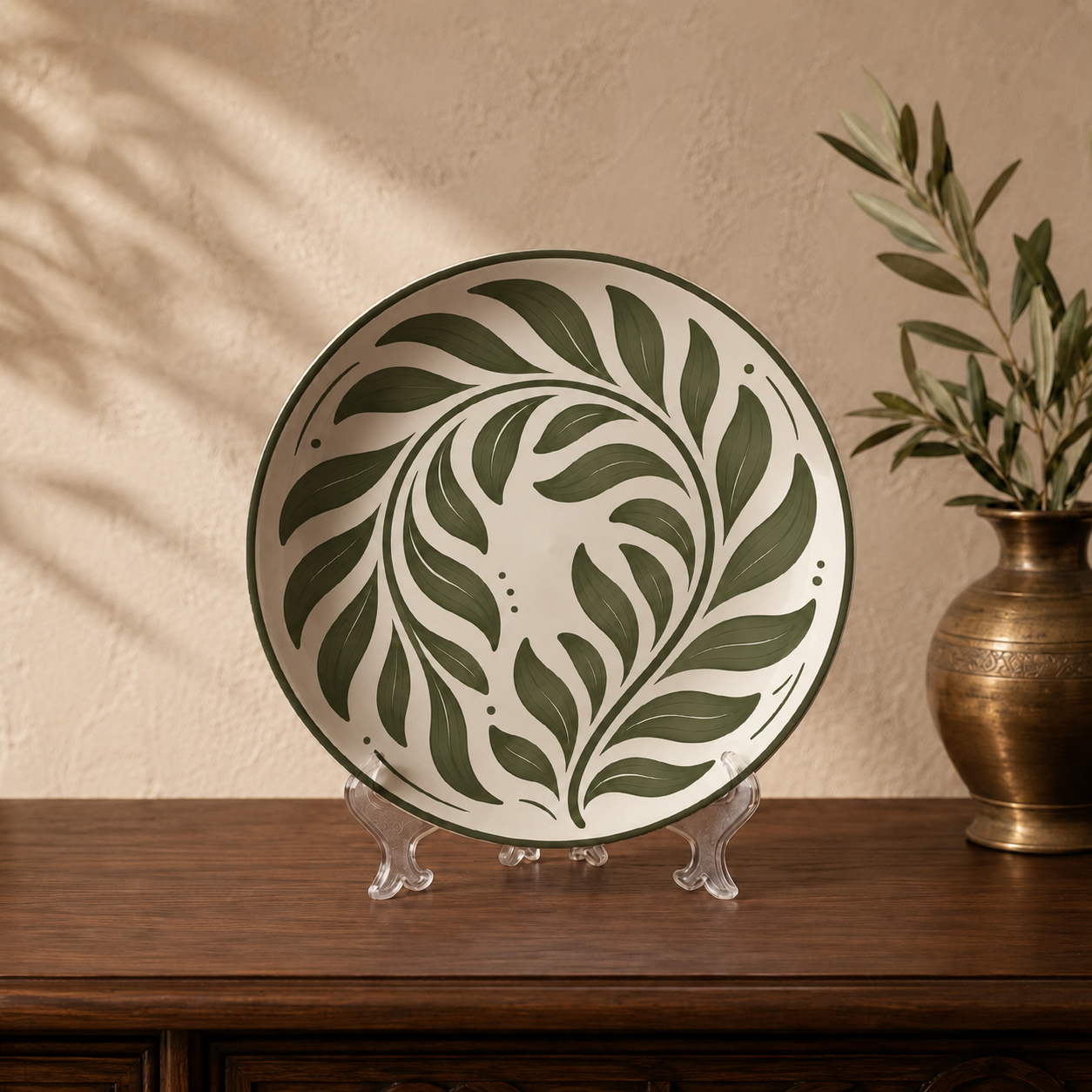 Close-up detail of the Verdant Rhythm wall plate, Purnam's Swaying Foliage collection