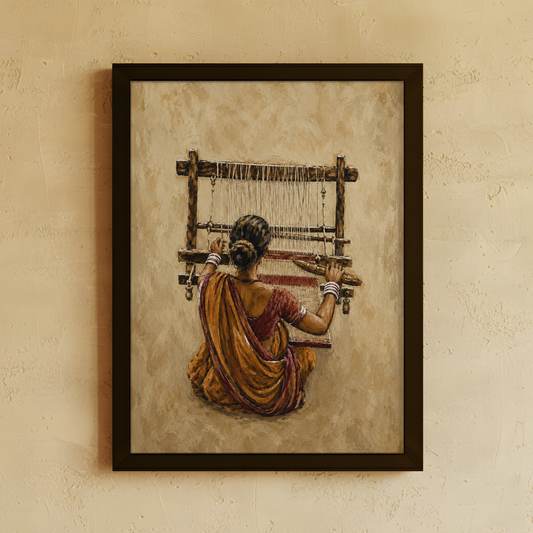 A framed art print depicting a woman from behind weaving a sari on a loom, mounted on a textured beige wall.