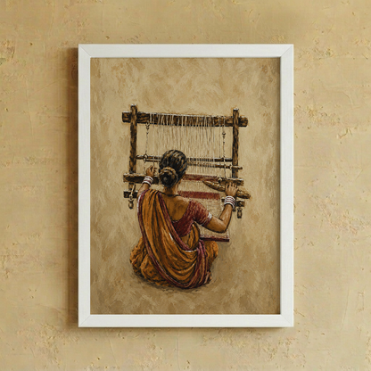 A framed art print depicting a woman from behind weaving on a loom, shown hanging on a textured beige wall. The print features warm earthy tones of brown, beige, and orange, enclosed in a clean white frame.