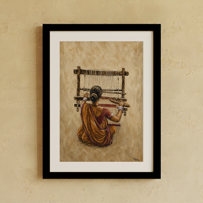 Framed art print depicting a woman weaving a sari on a loom, shown hanging on a textured beige wall. The print features a warm brown and beige background, a woman in a rust-orange sari, and is enclosed in a black frame.