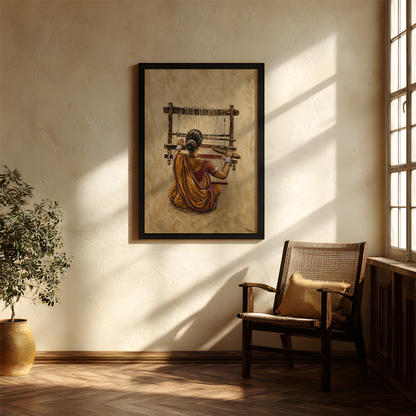 A framed art print depicting a woman weaving on a loom, hanging on a textured beige wall in a sunlit room with a wooden chair and potted plant.