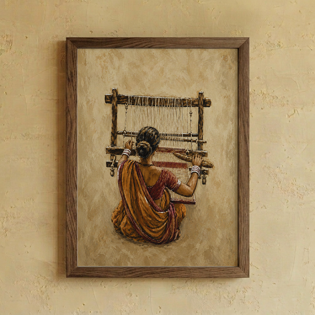 Framed wall art featuring a painted scene of a woman seen from behind, seated at a loom weaving a sari, mounted on a textured beige wall.