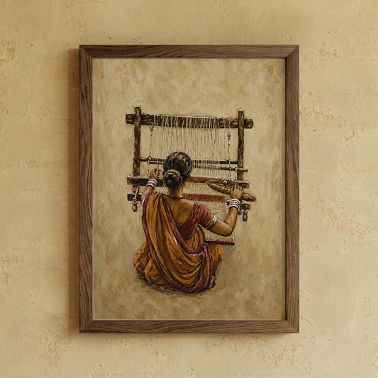 Framed wall art featuring a painted scene of a woman seen from behind, seated at a loom weaving a sari, mounted on a textured beige wall.