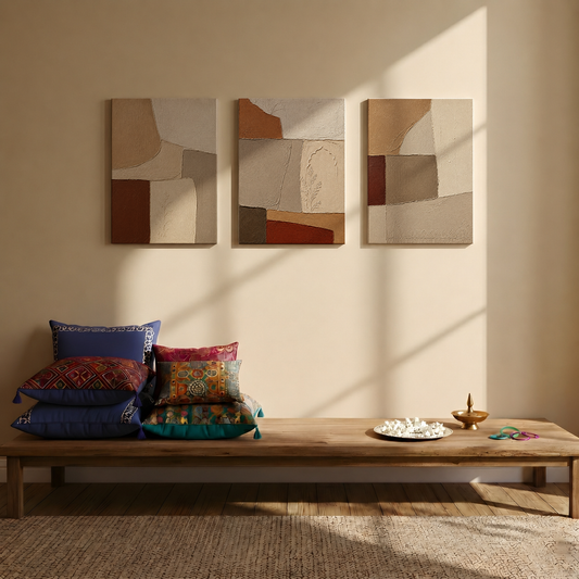 Gallery wall art set from Purnam's Terracotta Blocks collection, angled view