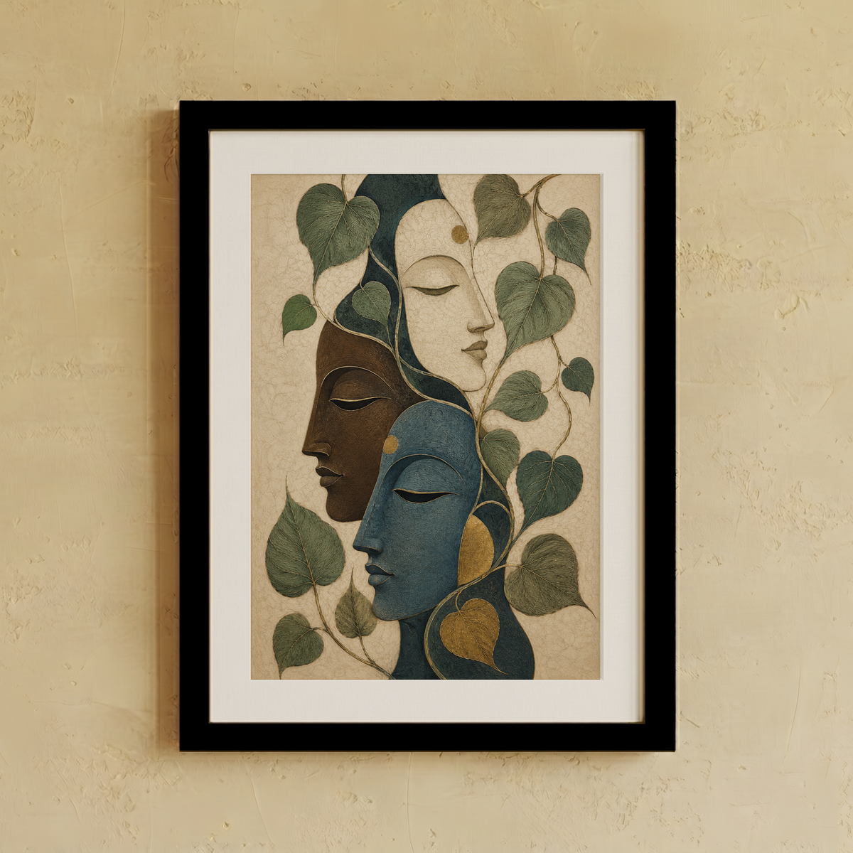 Framed wall art featuring an abstract, stylized illustration of three serene faces surrounded by green leaves, displayed on a textured beige wall.
