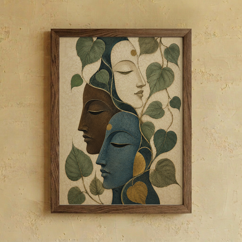 A framed art print featuring three stylized Buddha faces in profile, rendered in shades of blue, brown, and beige, surrounded by green leaves, set in a dark wood frame against a textured beige wall.