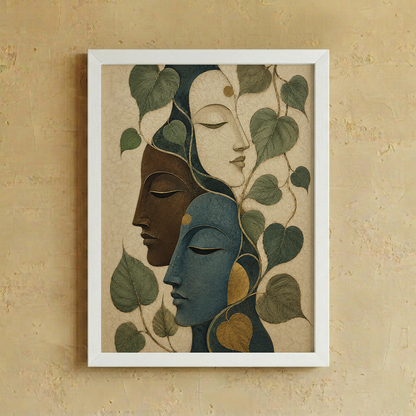 Framed wall art featuring two stylized Buddha profiles in blue and brown tones, surrounded by green leaves on a beige background, displayed on a textured beige wall.