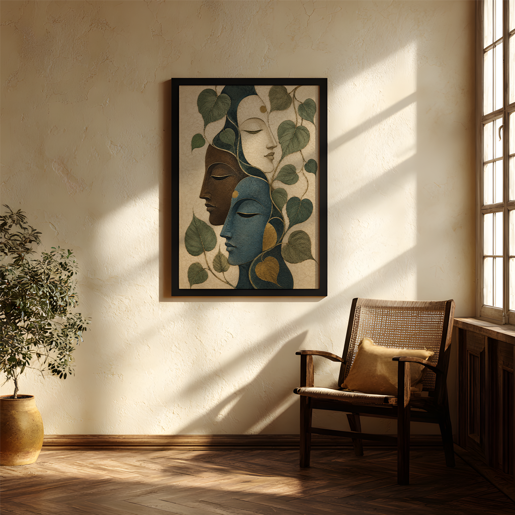 A framed wall art print featuring three stylized faces surrounded by green leaves, displayed in a sunlit room with a chair, window, and potted plant.