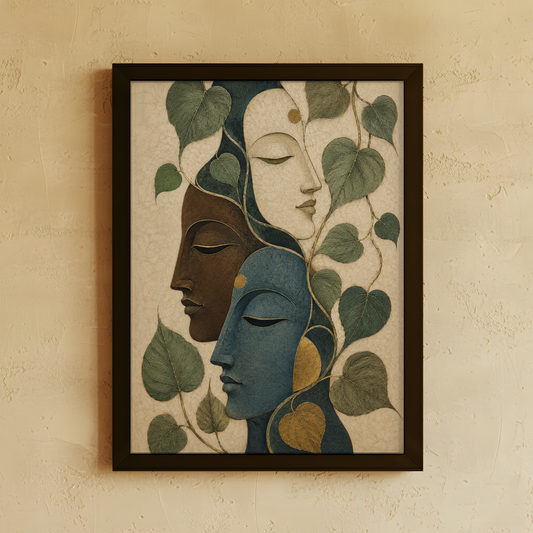 Trayi Wall Art brings together three serene forms and flowing sacred fig leaves in a contemplative composition. A timeless statement piece symbolising harmony, inner stillness, and connection with nature.