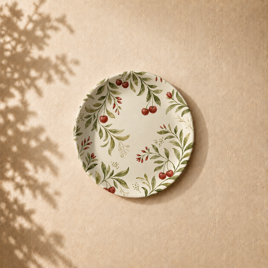 Playful Harvest wall plate from Purnam's Tropical Fruits collection, angled view