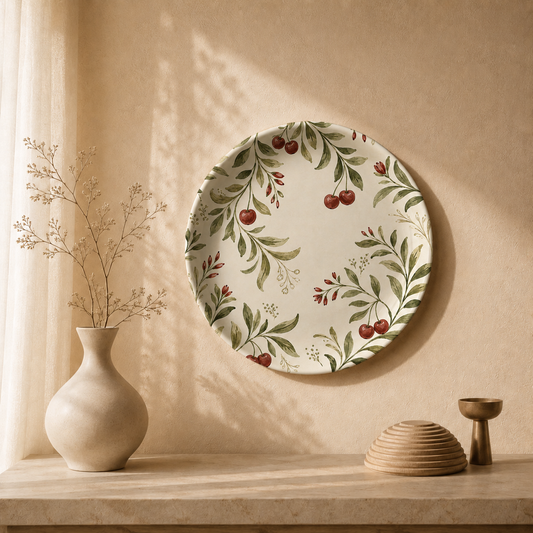 Playful Harvest wall plate from Purnam's Tropical Fruits collection, front view