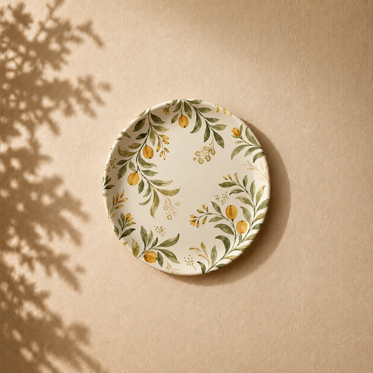Tropical Abundance wall plate from Purnam's Tropical Fruits collection, angled view