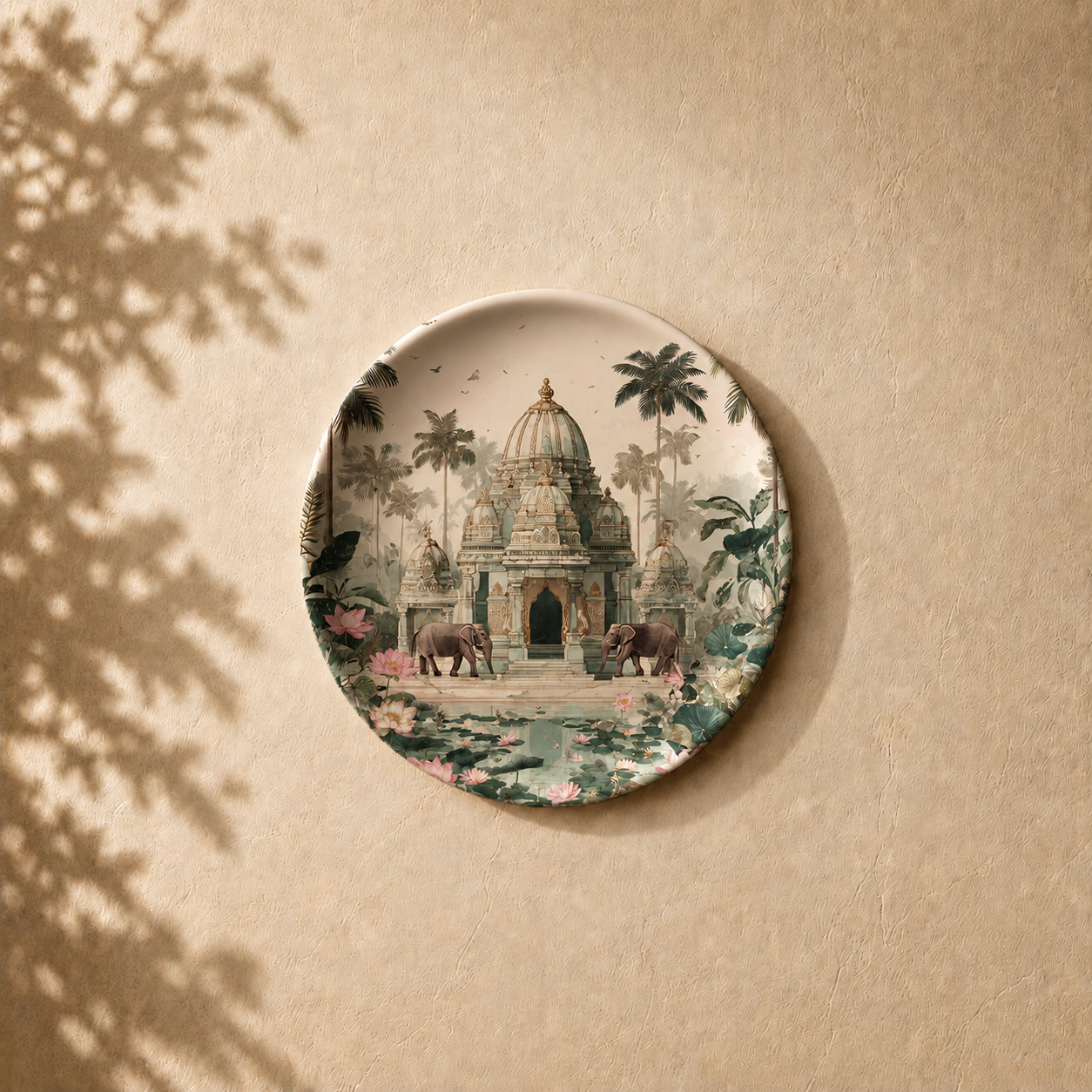 Forest Elegance ceramic wall plate from Purnam's Vana Vilas collection, angled view