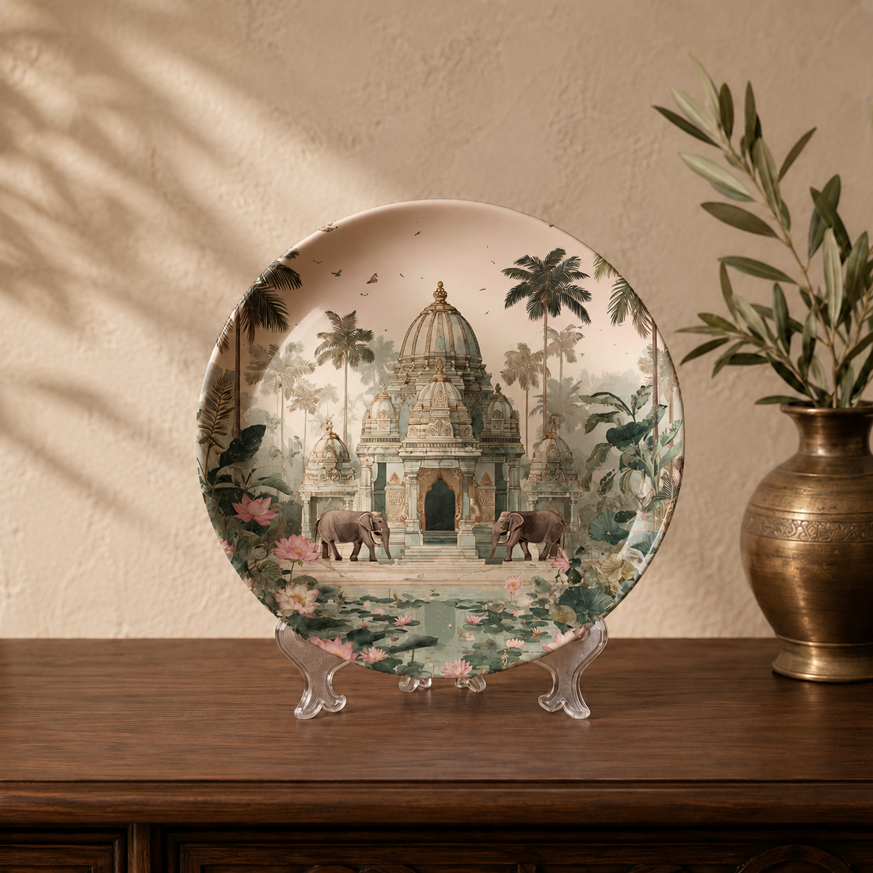 Close-up detail of the Forest Elegance ceramic wall plate, Purnam's Vana Vilas collection