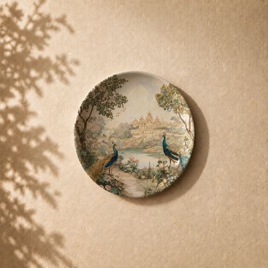 Rooted Nature ceramic wall plate from Purnam's Vana Vilas collection, angled view