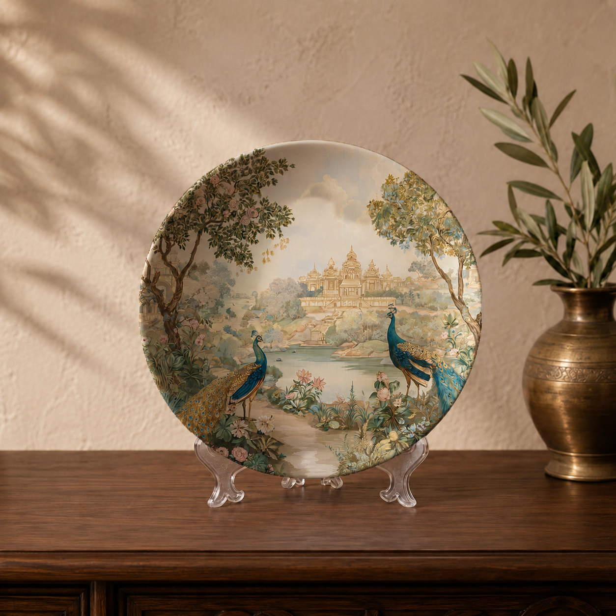 Close-up detail of the Rooted Nature ceramic wall plate, Purnam's Vana Vilas collection