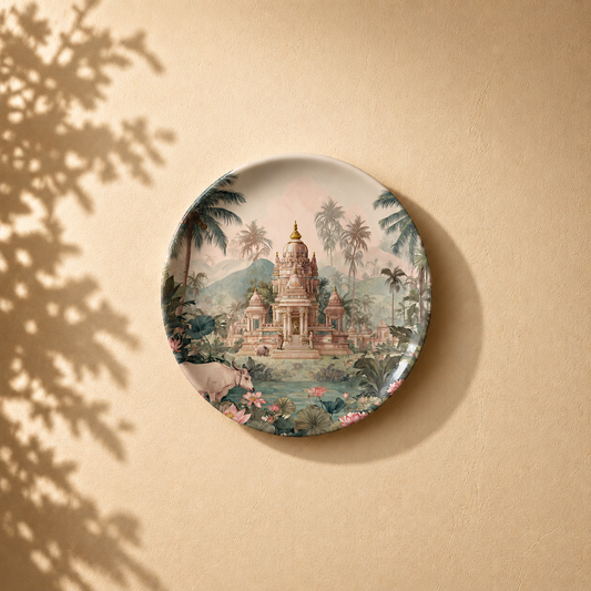 Vana Reverie ceramic wall plate from Purnam's Vana Vilas collection, angled view
