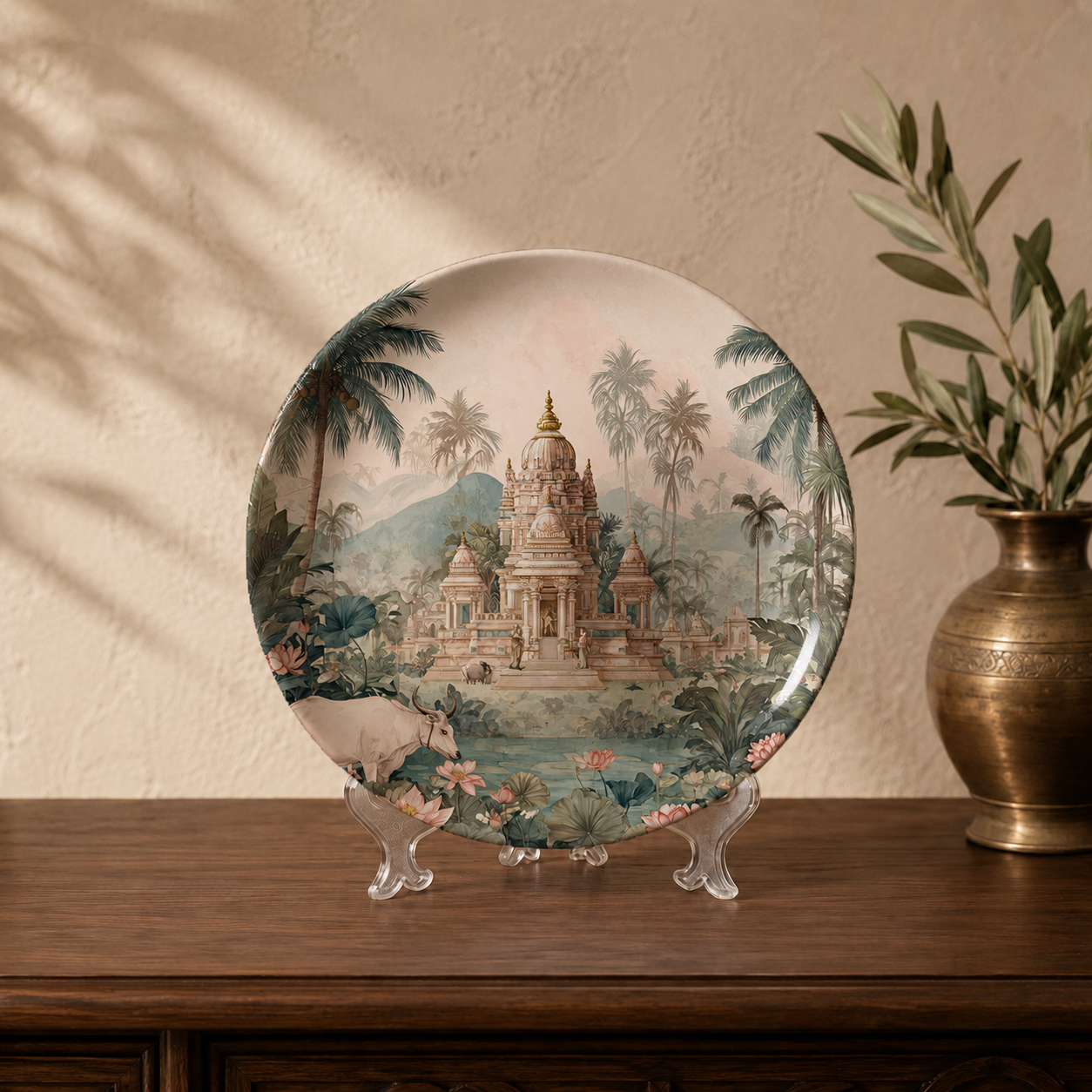 Close-up detail of the Vana Reverie ceramic wall plate, Purnam's Vana Vilas collection