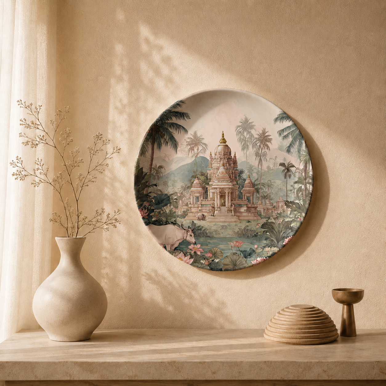 Vana Reverie ceramic wall plate from Purnam's Vana Vilas collection, front view