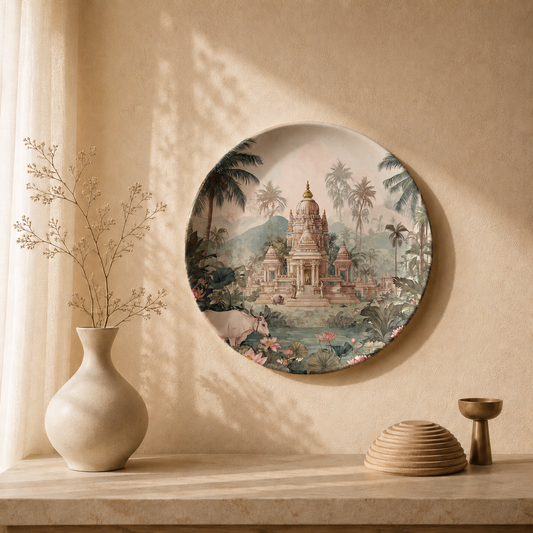 Vana Reverie ceramic wall plate from Purnam's Vana Vilas collection, front view