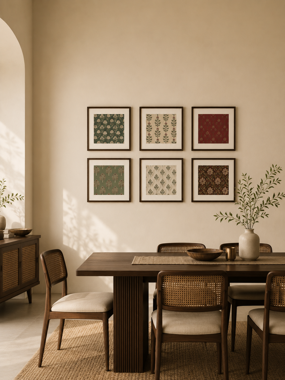 A styled dining room corner with a dark wood table and woven-back chairs, set against a warm beige wall with six framed art prints. A white ceramic vase with dried branches sits on the table.