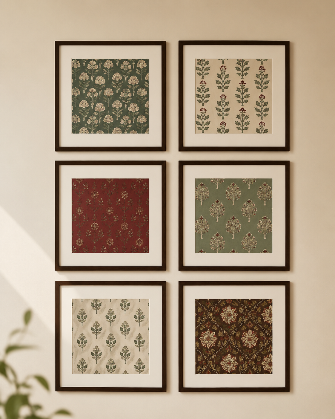 Six framed wallart with traditional botanical and floral patterns in muted green, burgundy, beige, and brown tones, arranged in a 2x3 grid on a warm beige wall.