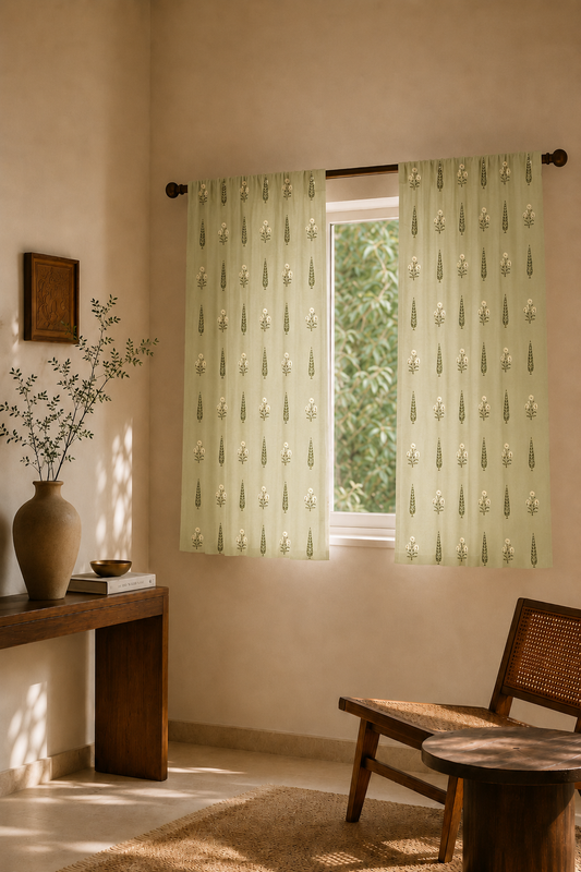 Nature Rhythm curtains from Purnam's Vriksha collection, angled view