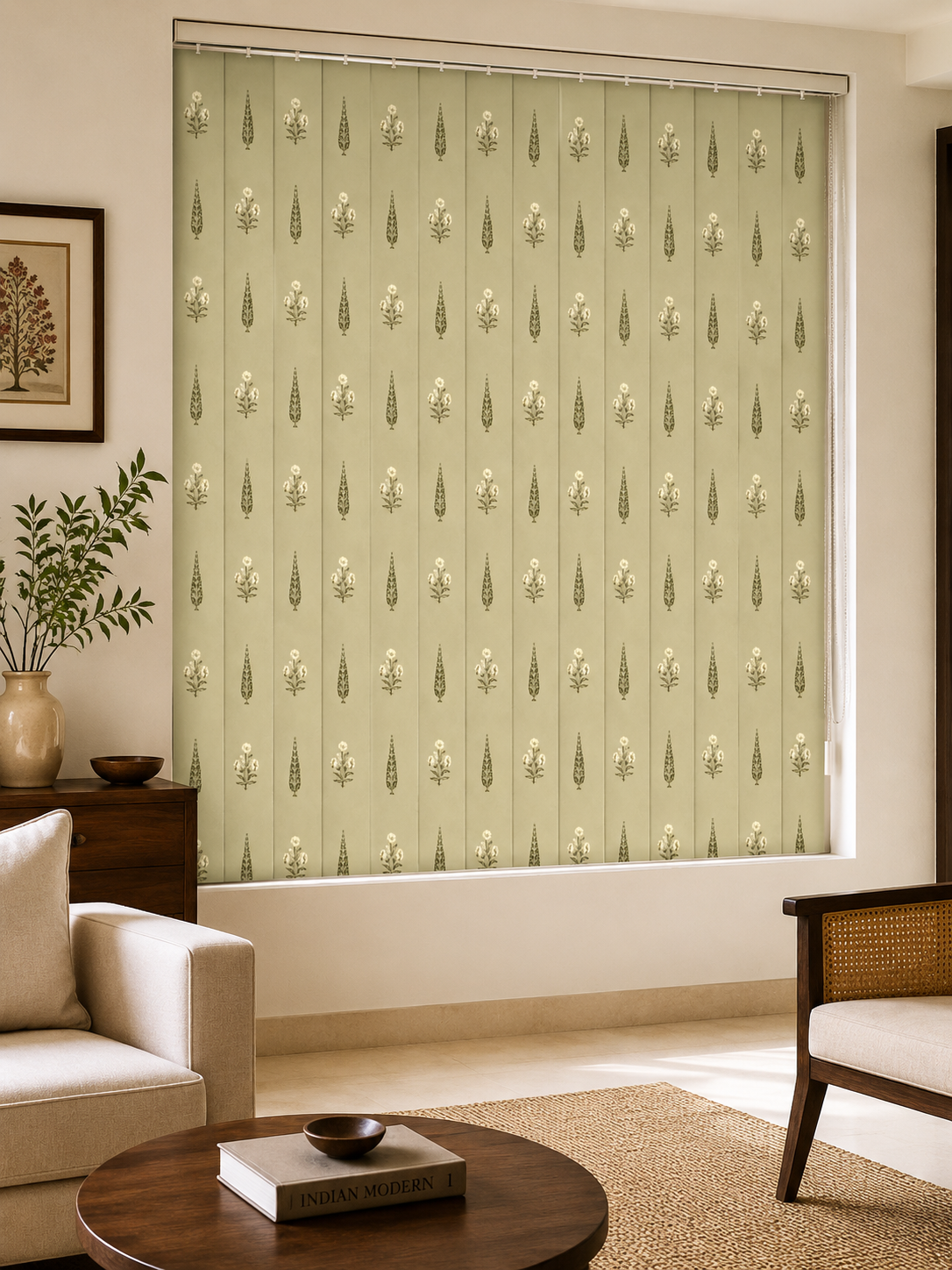 Close-up detail of the Nature Rhythm curtains, Purnam's Vriksha collection