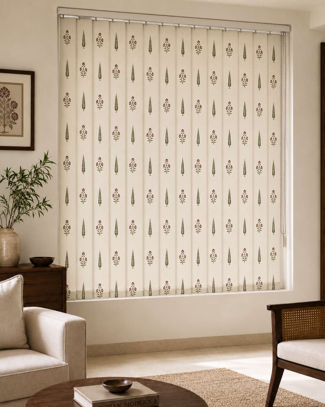 Close-up detail of the Rooted Canopy curtains, Purnam's Vriksha collection
