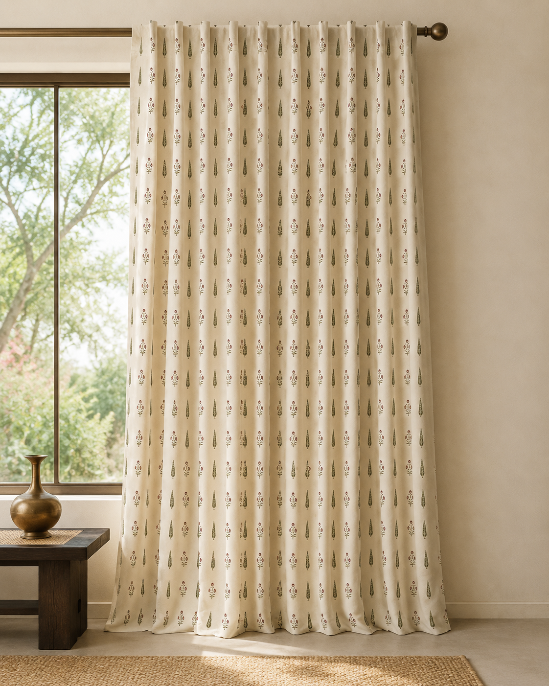 Rooted Canopy curtains from Purnam's Vriksha collection, front view