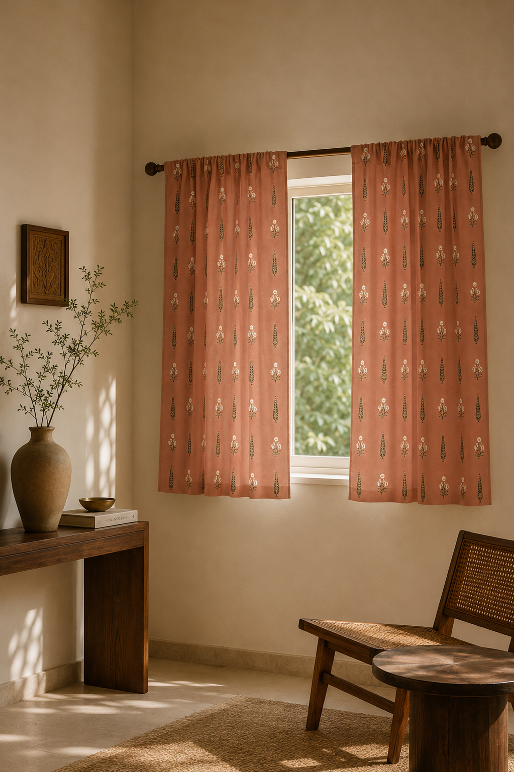 Timeless Vriksha curtains from Purnam's Vriksha collection, angled view