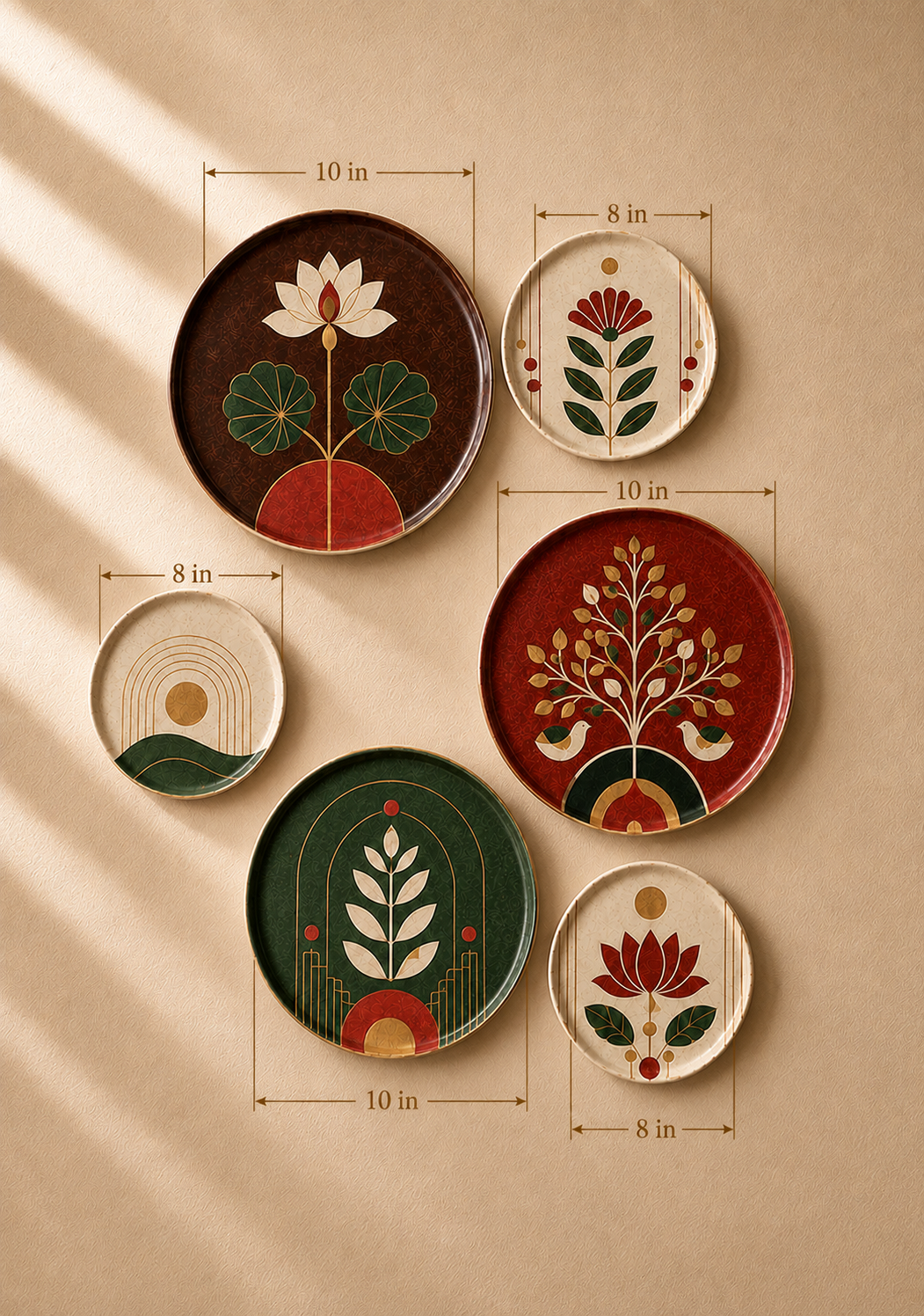 Six decorative ceramic plates with hand-painted botanical and floral designs in earthy tones, arranged on a beige background with dimension lines indicating sizes.