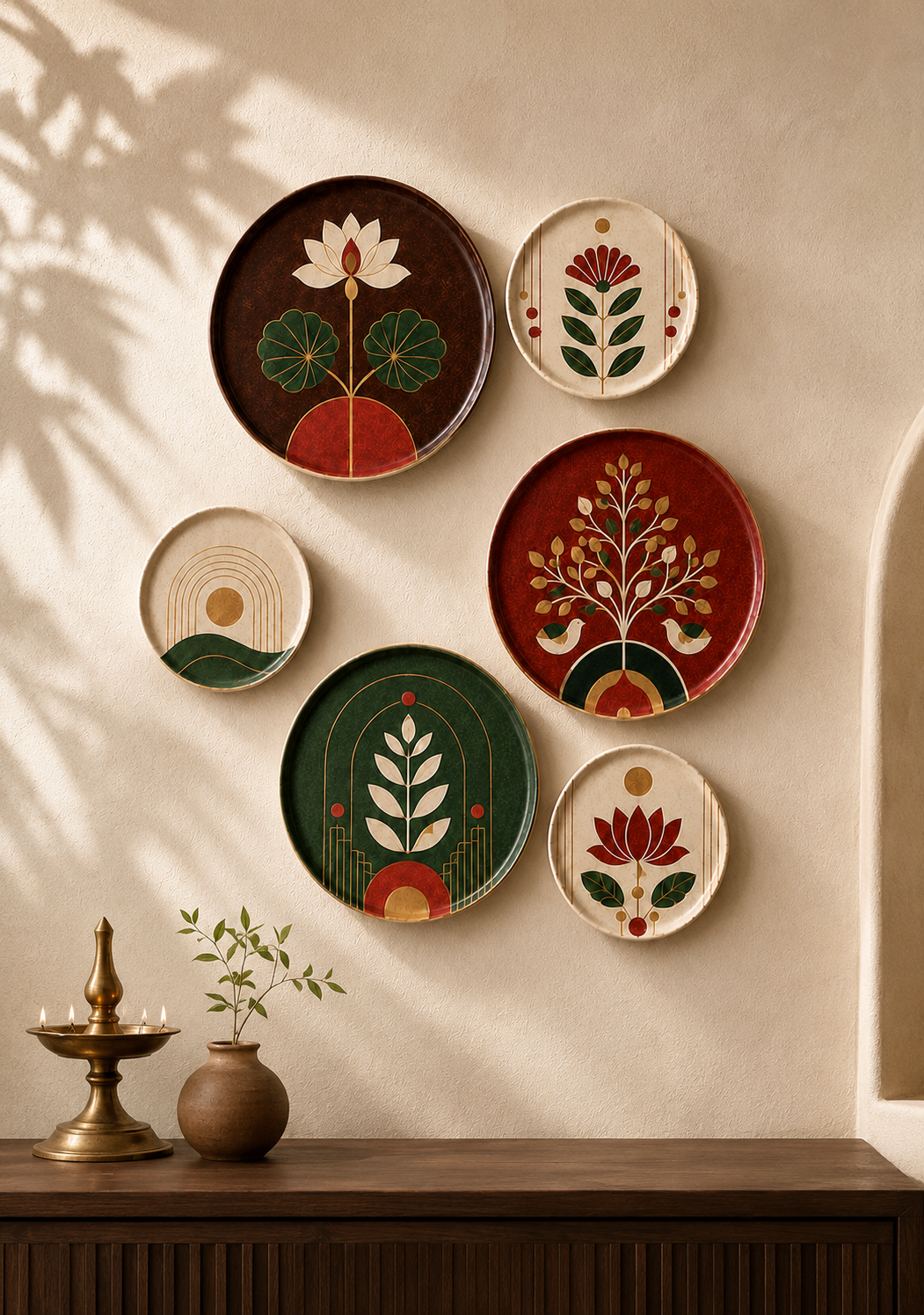 Five decorative round wall plates with hand-painted botanical and floral motifs in earthy red, green, beige, and brown tones, arranged on a beige wall above a wooden console table with a brass lamp and small vase.