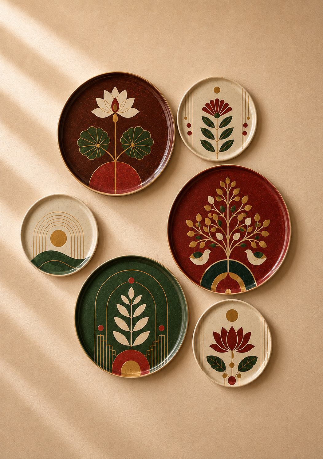 Six decorative ceramic plates with hand-painted botanical and abstract designs in earthy tones, arranged on a beige background with soft diagonal shadows.